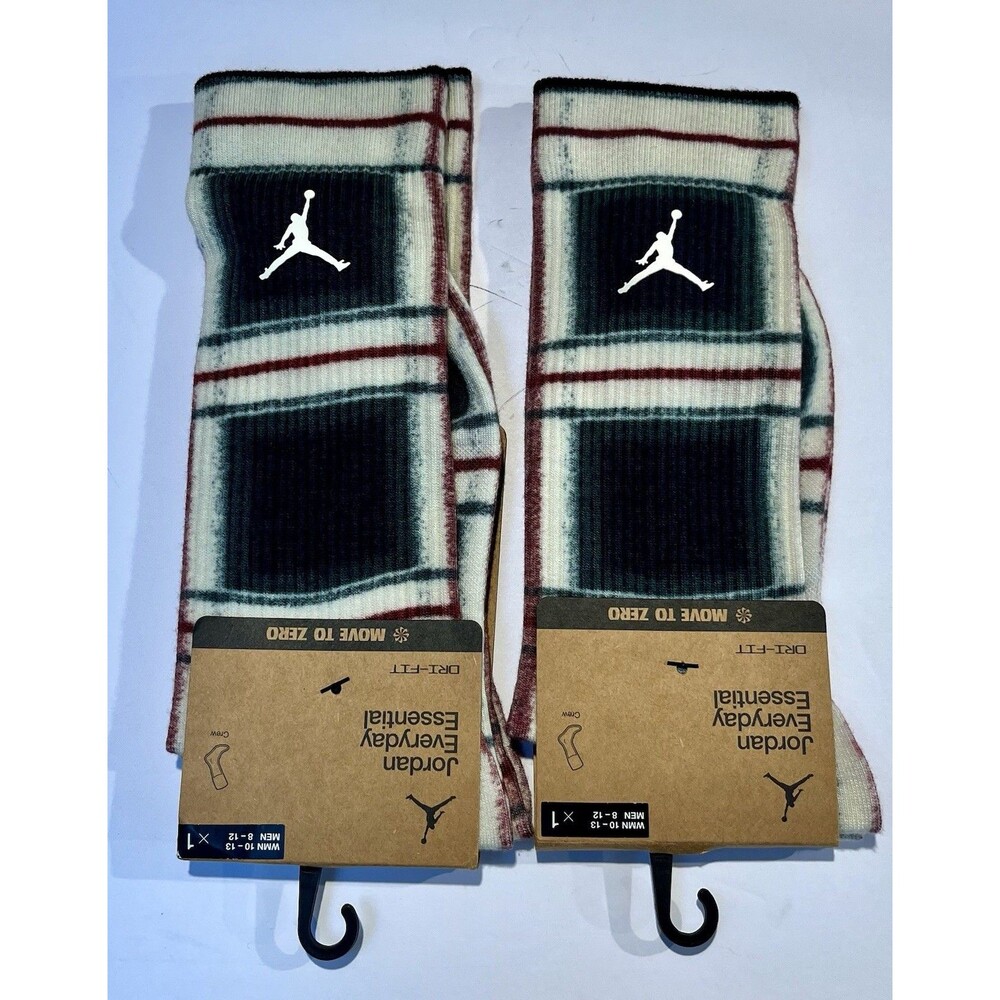 Jordan Essential Plaid Crew Socks Men’s Size 8-12 Black Green Plaid 2Pair